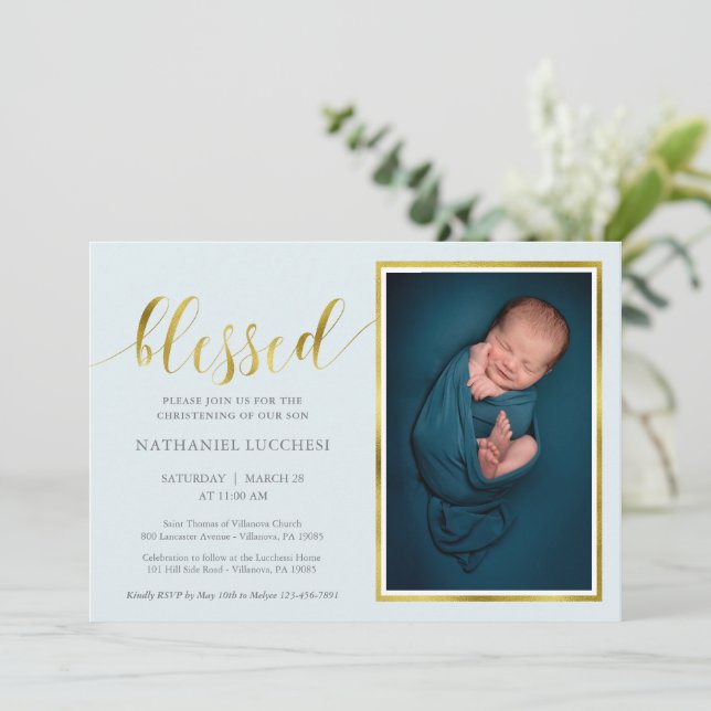 Invitation Bleu classique Blessé or garçon Photo Christening (Debout devant)