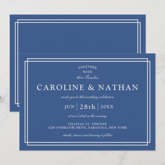 Invitation Bleu classique Mariage simple élégant (Devant / Derrière)