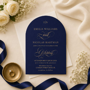 Invitation Bleu cobalt et monogramme doré Élégant mariage