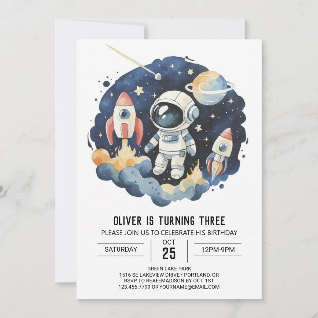 Invitation Bleu Cosmique Cute Astronaut garçon Anniversaire (Devant)