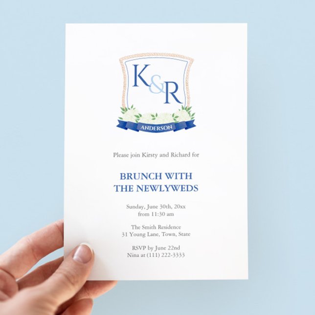 Invitation Bleu Côtier Et Cimier Blanc NouveauMauvais Brunch (Classy Nautical Newlyweds brunch invitation featuring a navy blue & white watercolor monogram crest)