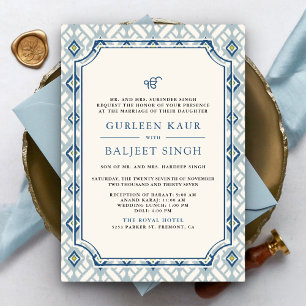 Invitation Bleu Crème Ivoire Ikat Anand Karaj Mariage Sikh