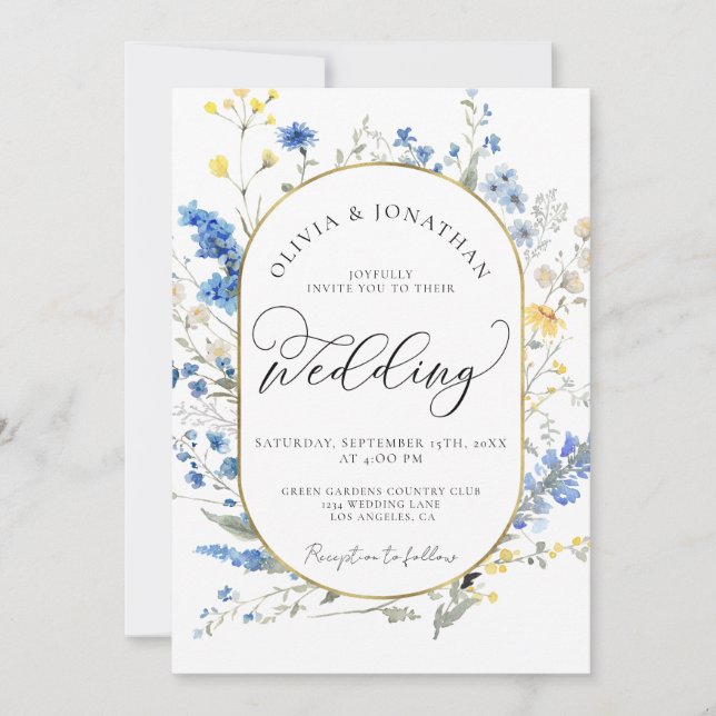 Invitation Bleu Dainty Or Tout en 1 Code QR Mariage Budget (Devant)