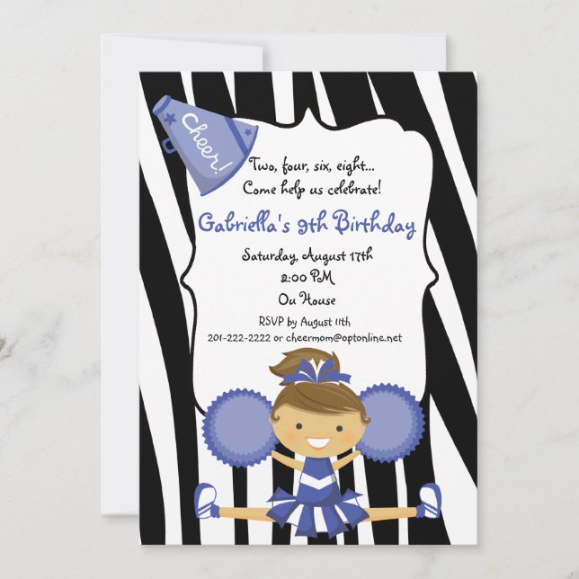 Invitation bleu d'anniversaire de pom-pom girl (Devant)