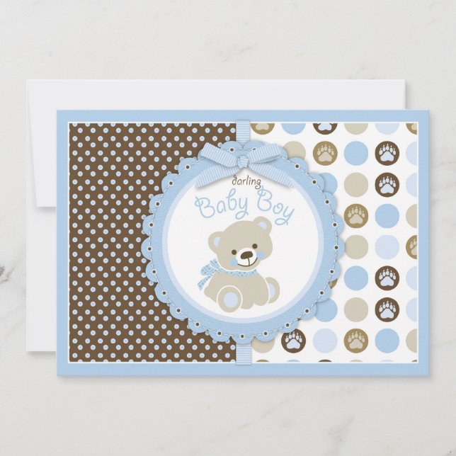 Invitation Bleu de baby shower de bébé d'ours de nounours (Devant)