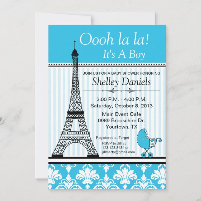 Invitation Bleu de baby shower de thème de Tour Eiffel de (Devant)