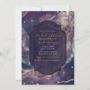 Invitation Bleu de baie aquarelle doré douche de mariée céles