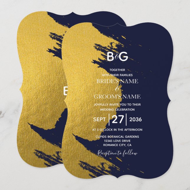 Invitation Bleu de Faux Gold & Bleu de marine avec Monogramme (Devant / Derrière)