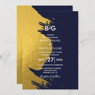 Invitation Bleu de Faux Gold & Bleu de marine avec Monogramme