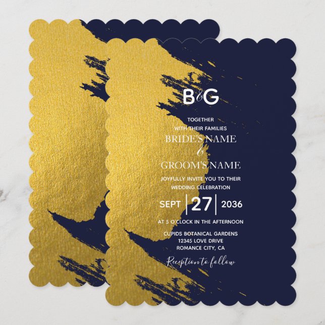 Invitation Bleu de Faux Gold & Bleu de marine avec Monogramme (Devant / Derrière)