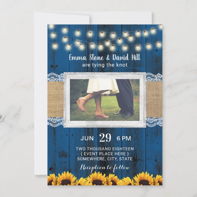 Invitation Bleu de la marine Fleurs de soleil Rustc Mariage P (Devant)