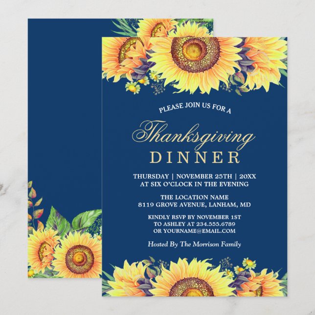 Invitation Bleu de la marine Fleurs de soleil rustiques Dîner (Devant / Derrière)