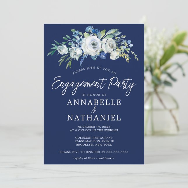 Invitation Bleu de la marine Floral Élégant Jeu d'engagement  (Debout devant)