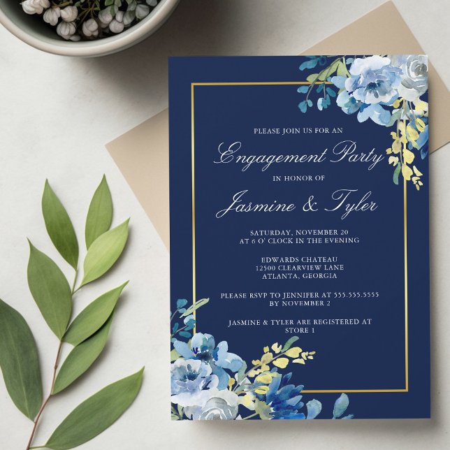 Invitation Bleu de la marine Floral Élégant parti d'engagemen (Créateur téléchargé)
