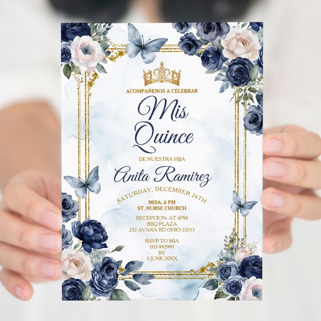 Invitation Bleu de la marine mexicaine Roses doux 16th Girl M (Créateur téléchargé)