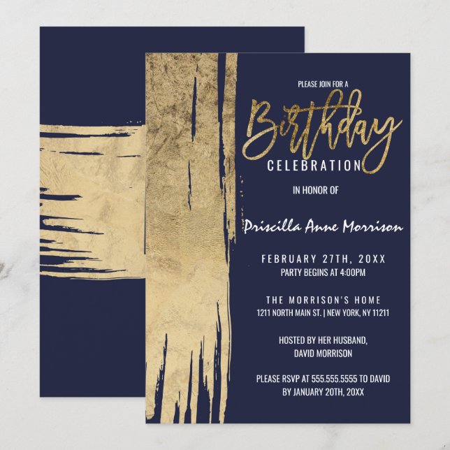 Invitation Bleu de la marine moderne Bleu Gold Simple Brushst (Devant / Derrière)