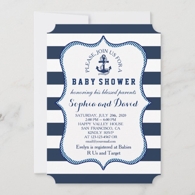 Invitation Bleu de la Marine Rayures BABY SHOWER à thème naut (Devant)