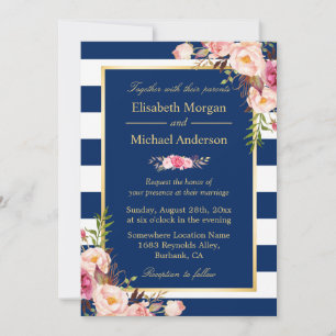Invitation Bleu de la marine rayures florales Mariage forme