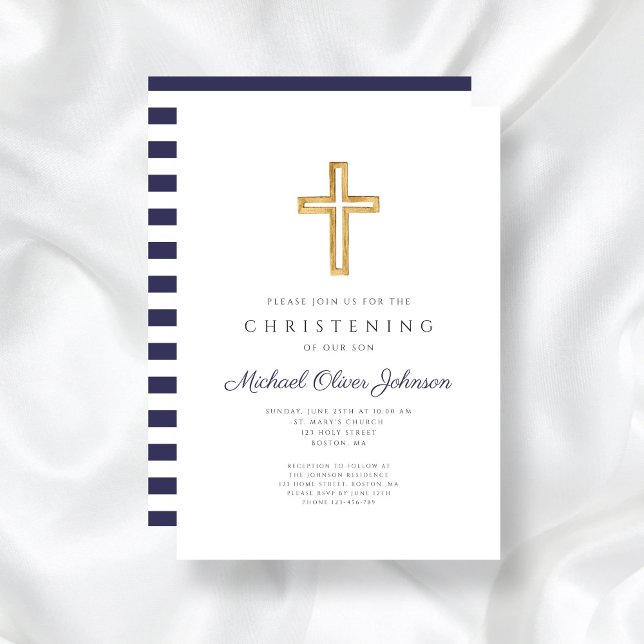 Invitation Bleu de la marine Rayures Religieux Garçon Christe (Navy Blue Stripes Religious Boy Christening Invitation)