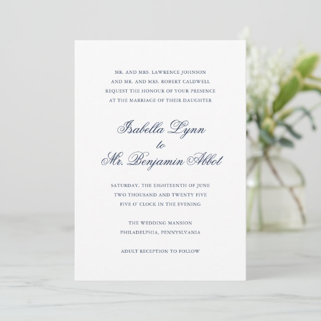Invitation Bleu de la marine traditionnelle Mariage élégant (Debout devant)