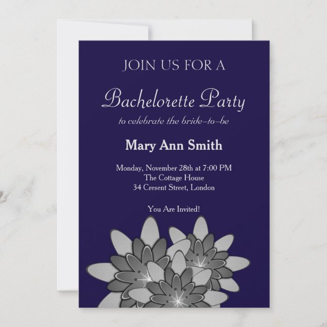 Invitation Bleu de marine avec Lotus Floral Gris (Devant)