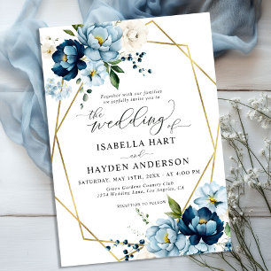 Invitation Bleu de marine Beige Elégant Mariage de cadre d'or