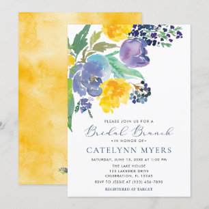 Invitation Bleu de marine et jaune Floral Moderne Brunch nupt