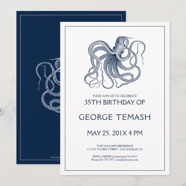 Invitation Bleu de poulpe nautique fête d'anniversaire Invita (Devant / Derrière)