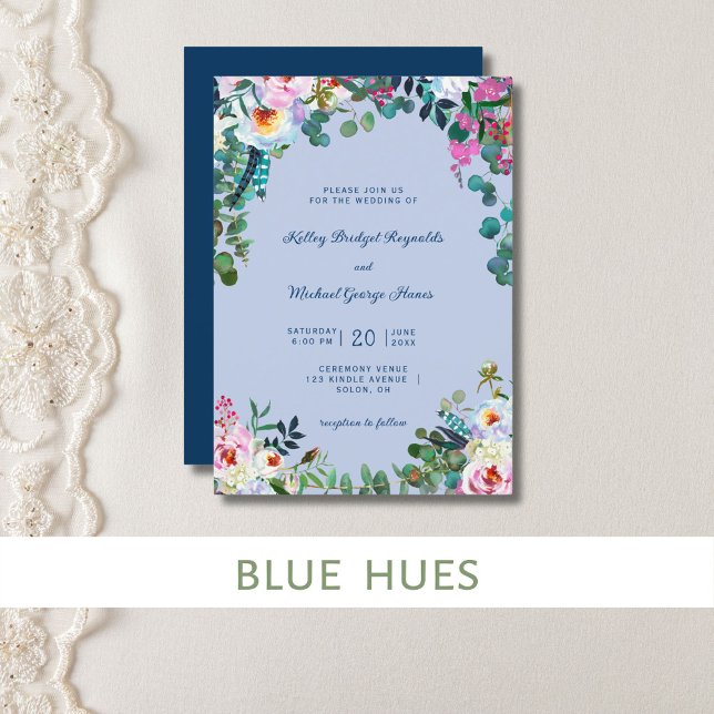 Invitation Bleu de Prusse & Pervenche Paradis Floral Bohème (Prussian blue and periwinkle watercolor floral makes a pretty spring wedding invitation.)