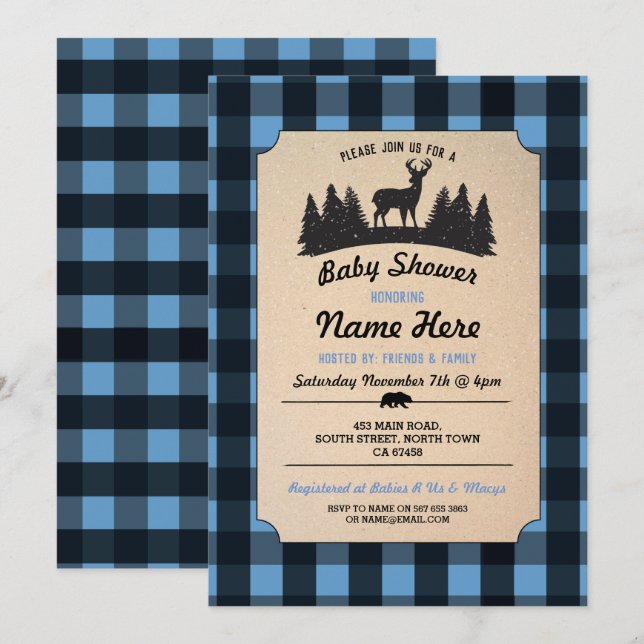 Invitation bleu de région boisée de baby shower de (Devant / Derrière)