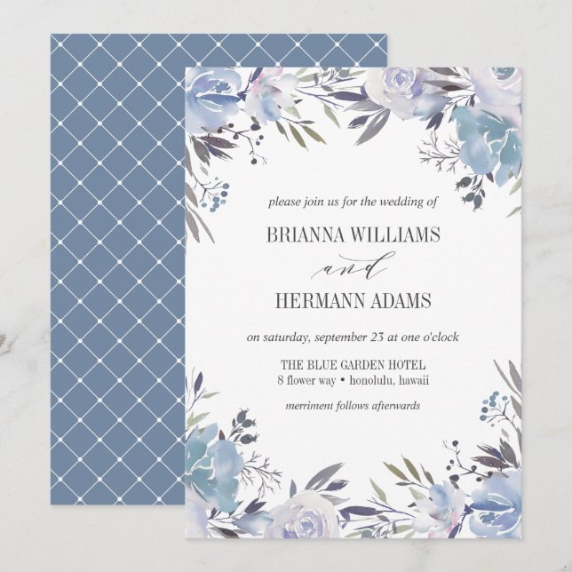 Invitation Bleu de rêve | Fancy rustique Flowers mariage (Devant / Derrière)