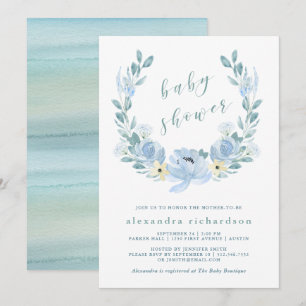Invitation Bleu délicat Baby shower floral aquarelle