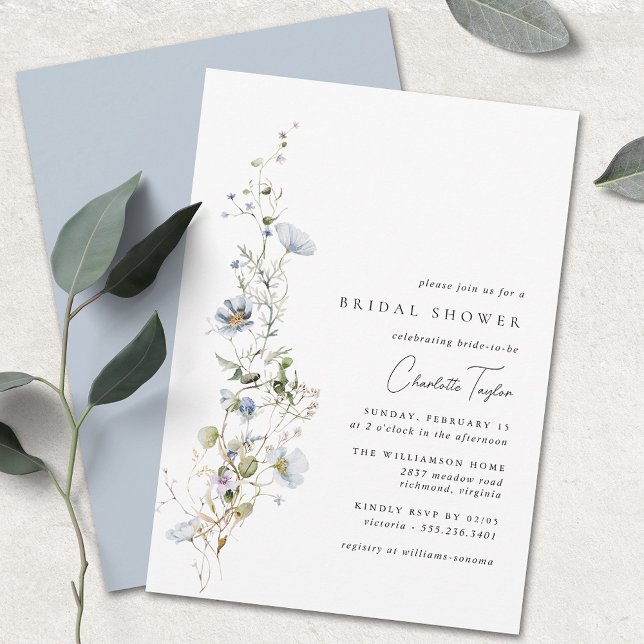 Invitation Bleu délicat Floral | Airy Garden Fête des mariées (Créateur téléchargé)