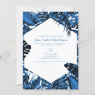 Invitation Bleu Denim Moyen Feuilles de Palmier Tropicales Ma