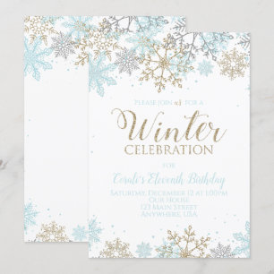 Invitation Bleu d'hiver Or Argent Flocons de neige Anniversai
