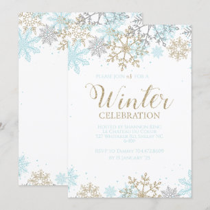 Invitation Bleu d'hiver Or Argent Flocons de neige Anniversai