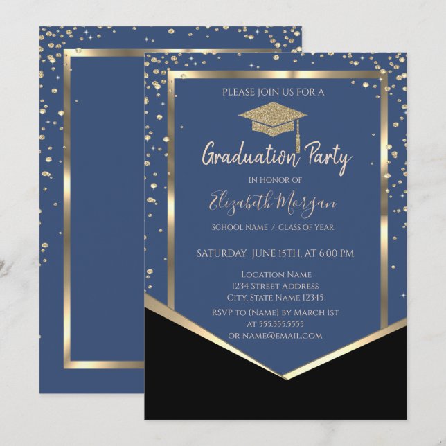 Invitation Bleu, Diamants Gold Graduation Cap Graduation (Devant / Derrière)