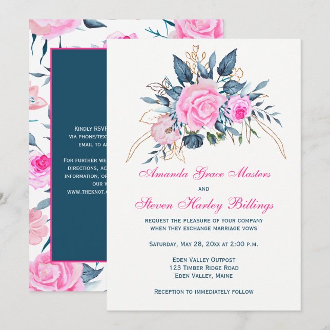Invitation Bleu d'Indigo avec ses roses roses roses Faire-par (Devant / Derrière)
