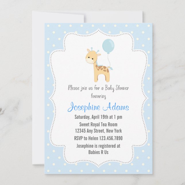 Invitation Bleu d'invitation de baby shower de girafe (Devant)