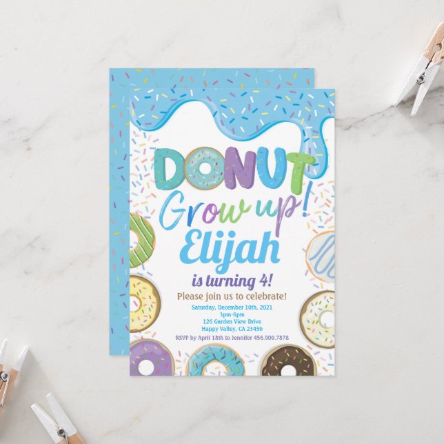 Invitation Bleu Donut grandir Garçon Fête d'anniversaire Invi (Devant/Arrière en situation)