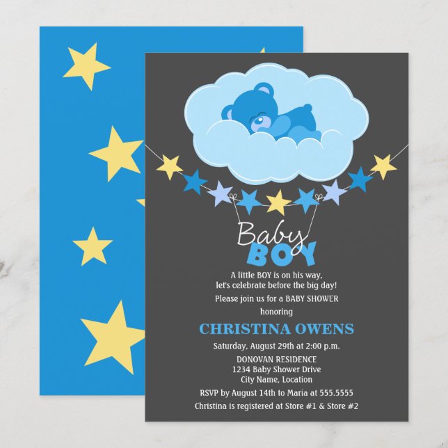 Invitation Bleu dormant Garçon Teddy Bear dans le Baby shower (Devant / Derrière)