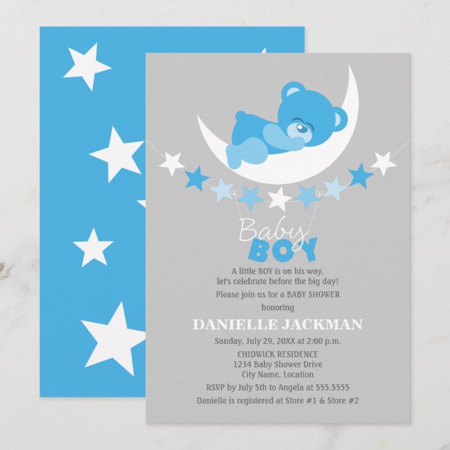 Invitation Bleu dormant Garçon Teddy Bear sur le Baby shower  (Devant / Derrière)