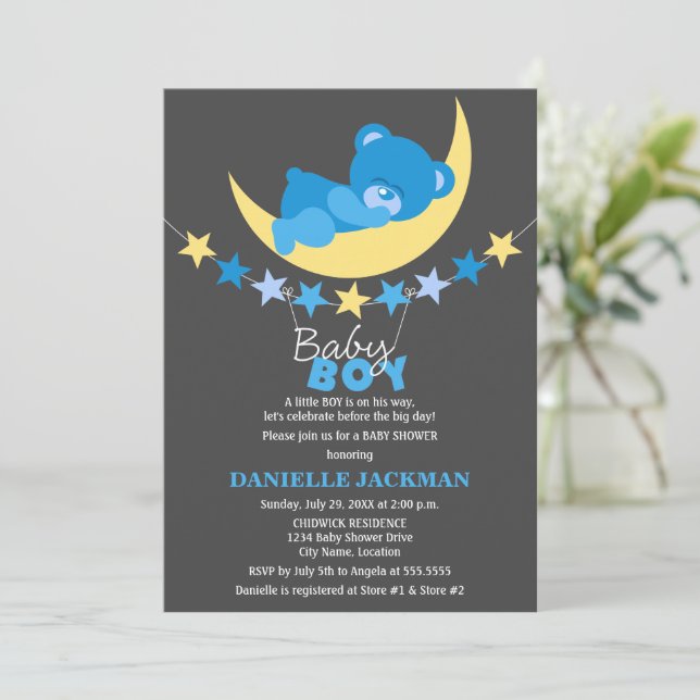 Invitation Bleu dormant Garçon Teddy Bear sur le Baby shower  (Debout devant)