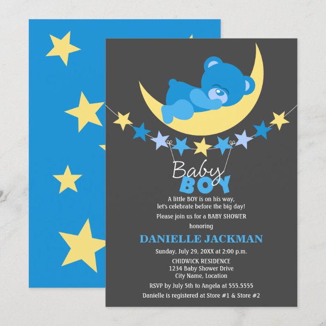 Invitation Bleu dormant Garçon Teddy Bear sur le Baby shower  (Devant / Derrière)