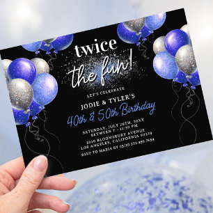 Invitation Bleu double et ballons d'argent Jour d'anniversair
