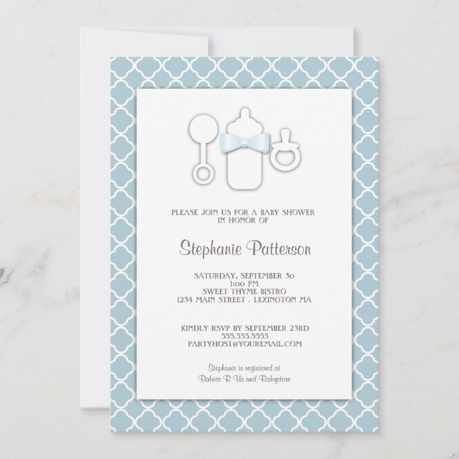 Invitation Bleu doux| Baby shower de thé Brown à la bouteille (Devant)