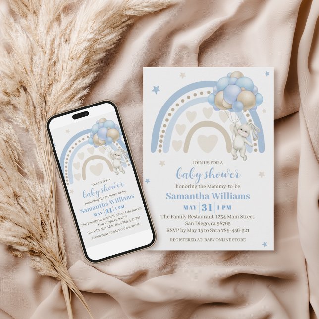 Invitation Bleu doux Bunny Bleu Baby shower arc-en-ciel (Créateur téléchargé)