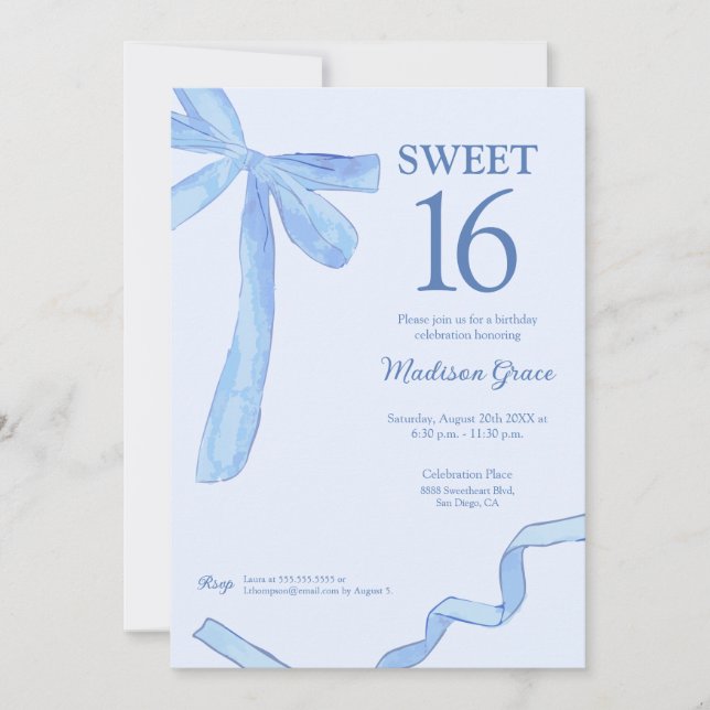 Invitation Bleu doux tendance Bow Ruban Coquette Sweet 16 (Devant)
