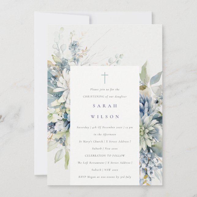 Invitation Bleu Doux Vert Succulent Fleur Christening (Devant)