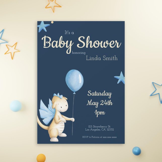 Invitation Bleu Dragon de la Marine mignonne avec Baby shower (Cute navy blue dragon baby shower invitation exclusive by Kinda Cute by Patricia Alvarez)